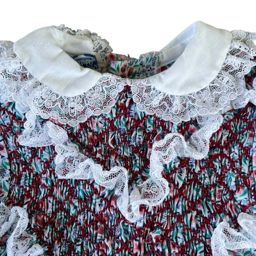 Vtg Polly Flinders Delicate Floral Long Sleeve Dress Diamond  Smocked Lace Sz 3T
